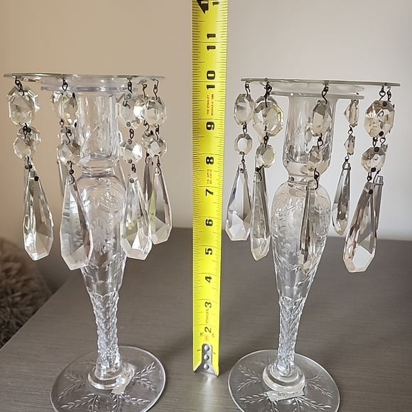 set of 2 vintage glass candle holders with bobeches, clear, glass, 10" tall - Picture 3 of 13